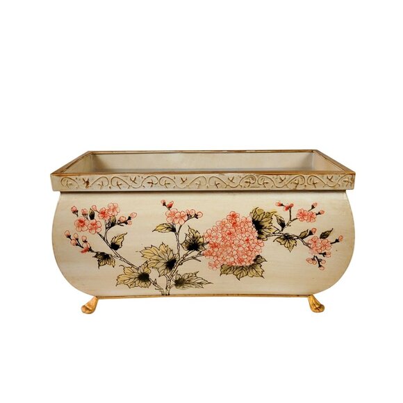 Hand-Painted Floral Metal Rectangular Planter With Gold Feet & Handles Large - Picture 1 of 5